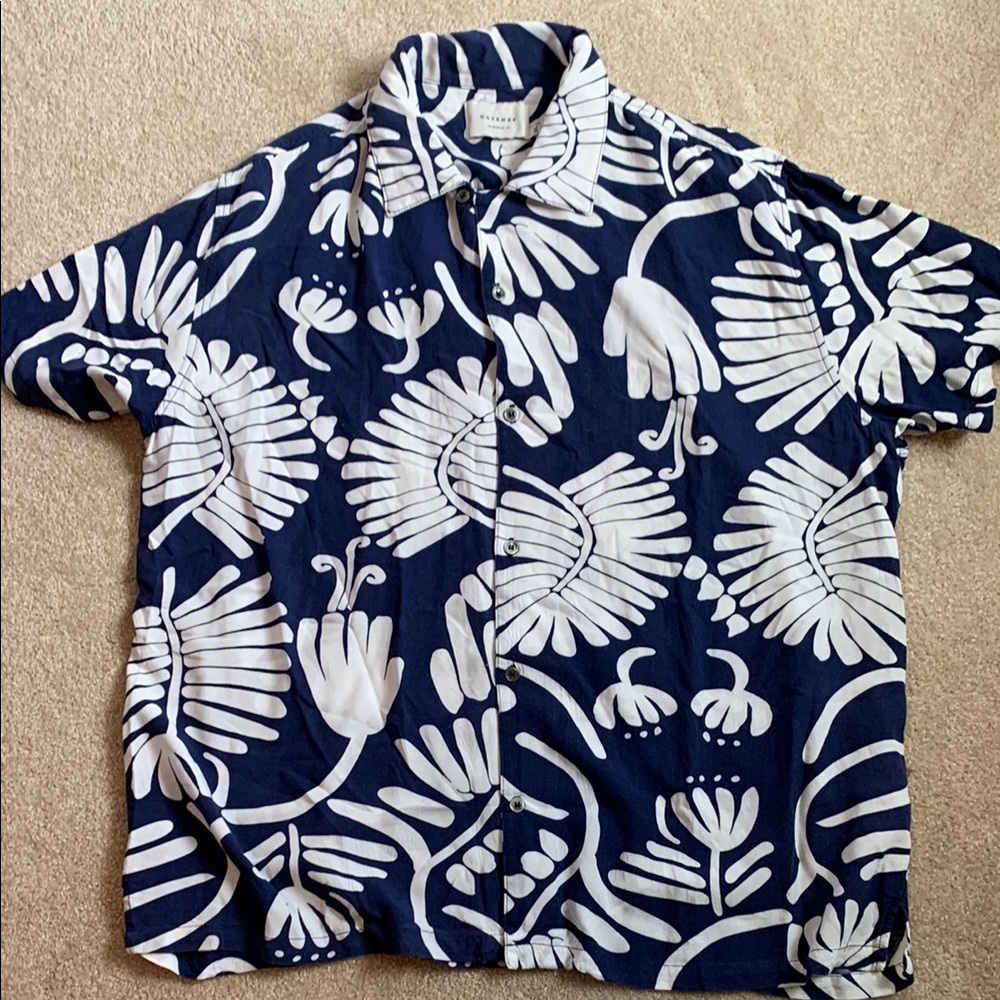 Blue and White Casual Button Down Shirt with Bold Floral Print